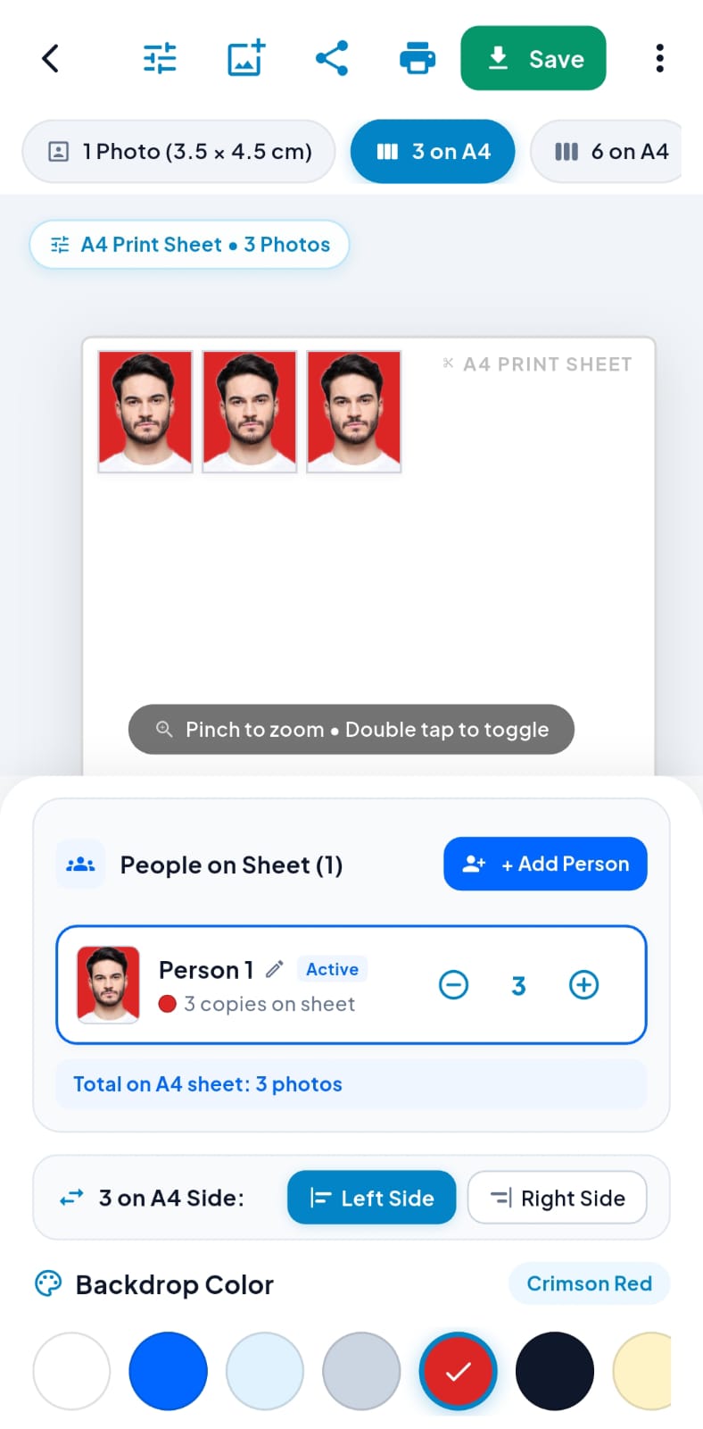 Three passport photos arranged on an A4 sheet