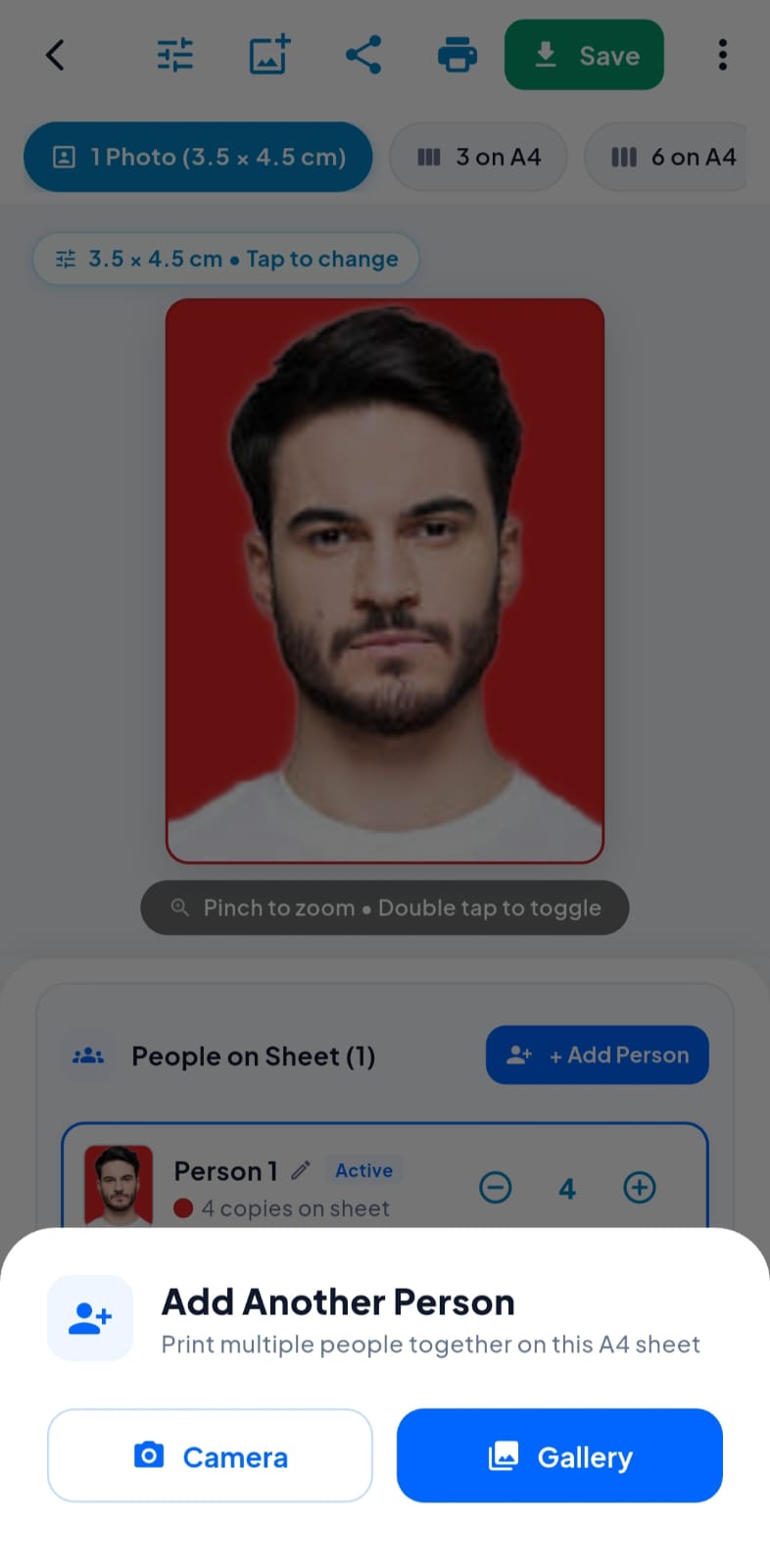 Add another person option for a passport photo sheet