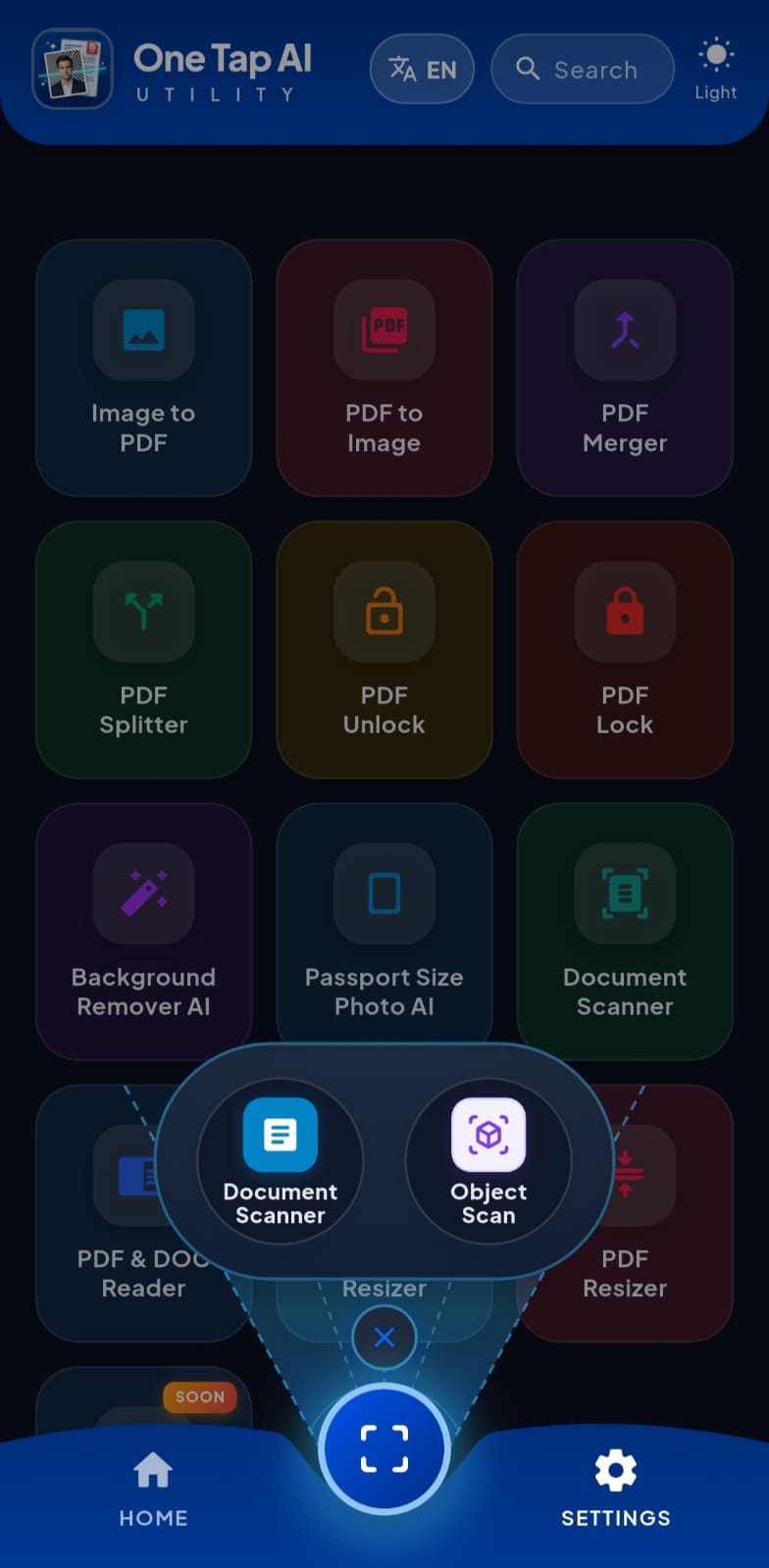 One Tap AI home screen in dark mode