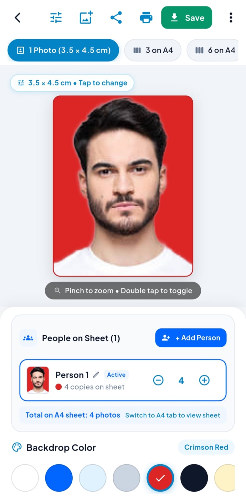 Passport size photo result screen