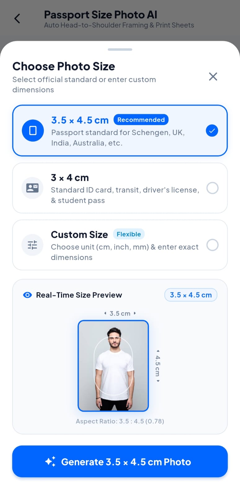 Passport photo size selection screen