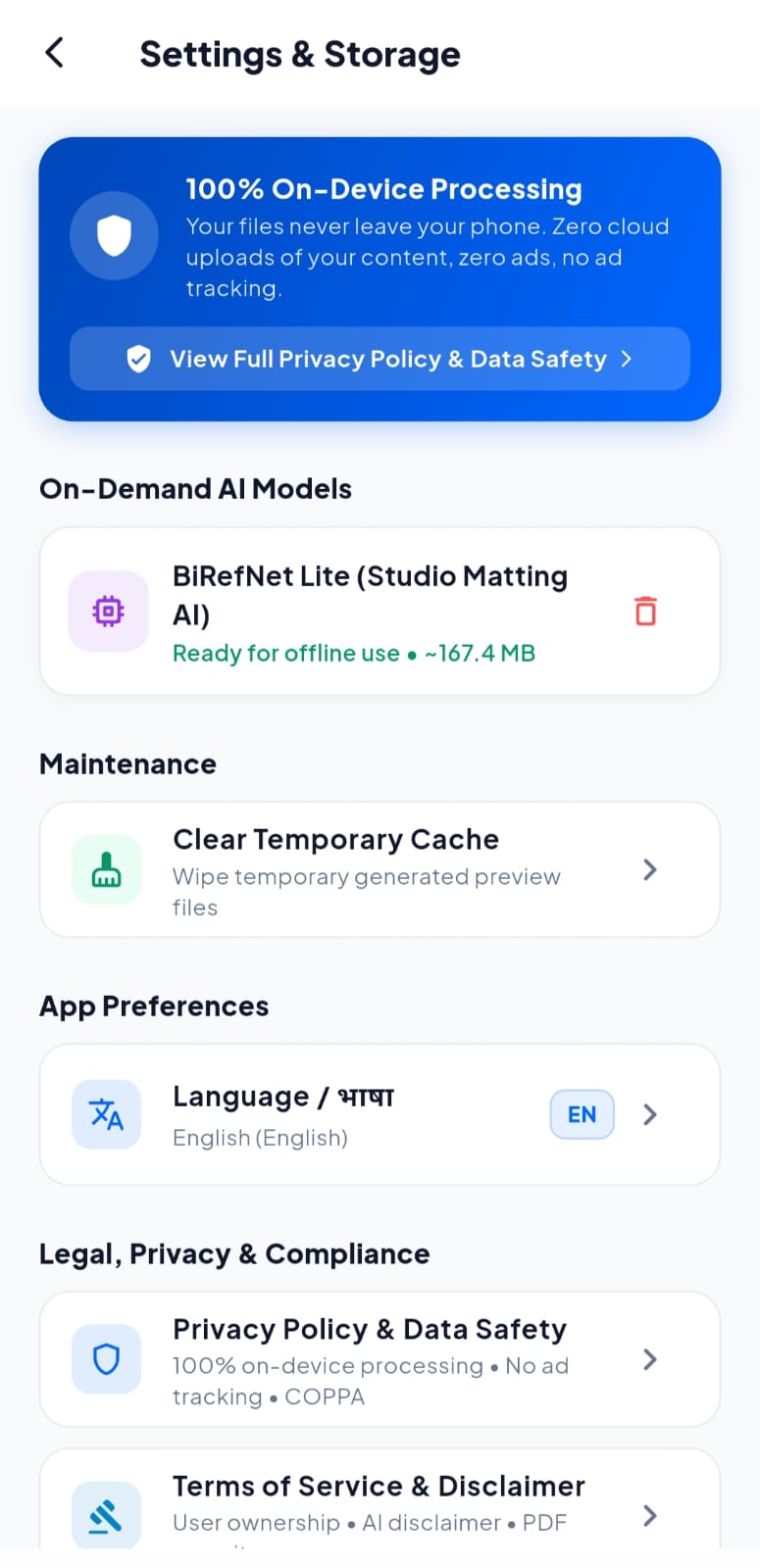 Settings screen